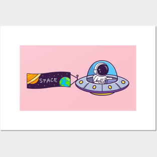 Cute Astronaut Riding UFO With Space Banner Cartoon Posters and Art